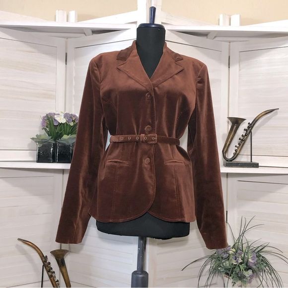 Anne Klein Jackets & Blazers - Anne Klein vintage Y2K 70s style chocolate brown velvet belted blazer coat sz 12